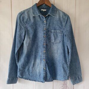 Maurices Women’s S Long Sleeve Blue Denim-Like Button Down Shirt, Pocket, EUC